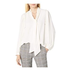 Vince Camuto Elegant Cream Blouse long sleeve puff shoulder embellished tie-fro